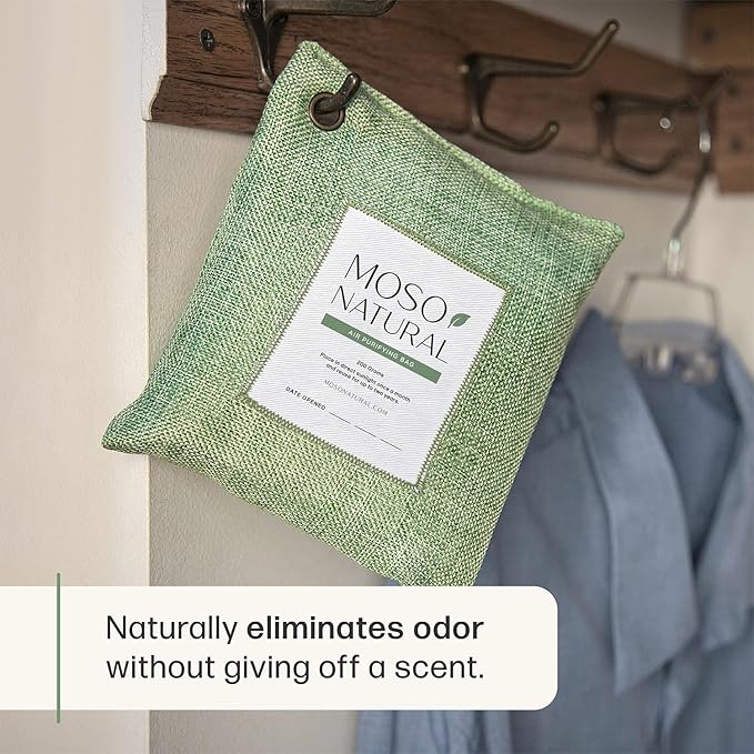 Moso Natural Air Purifying Bag 200g (5 Pack). A Scent Free Odor Eliminator for Cars, Closets, Bathrooms, Pet Areas. Premium Moso Bamboo Charcoal Odor Absorber. Two Year Lifespan! (Green)