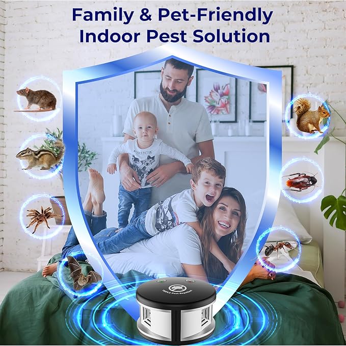 X-PEST Ultrasonic Rodent Repeller Indoor, 360° Squirrel Repellent Mice Deterrent, 3 Mode Switch with Pressure Wave, Plug in Multiple Pest Deterrent Control, Black