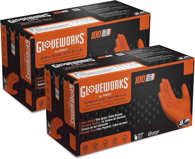 GLOVEWORKS HD Orange Nitrile Disposable Gloves 8 Mil Raised Diamond Texture, 100
