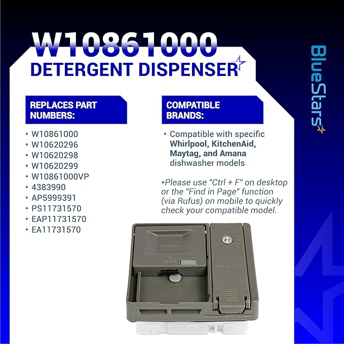 [Upgraded] BlueStars W10861000 Dishwasher Detergent Dispenser - Compatible with Whirlpool Kitchenaid Dishwasher Rinse Aid Dispenser WDT730PAHZ0 - Replaces W10620296 W10620298 W10620297 PS11731570