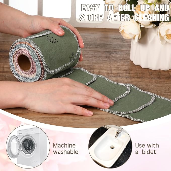 VitalCozy 50 Pcs Reusable Toilet Washable Bidet Towels Rerollable Cloth Wipes Paperless Towels Roll Absorbent Cotton for Kitchen Paperless Dishcloths (Nice Flower)