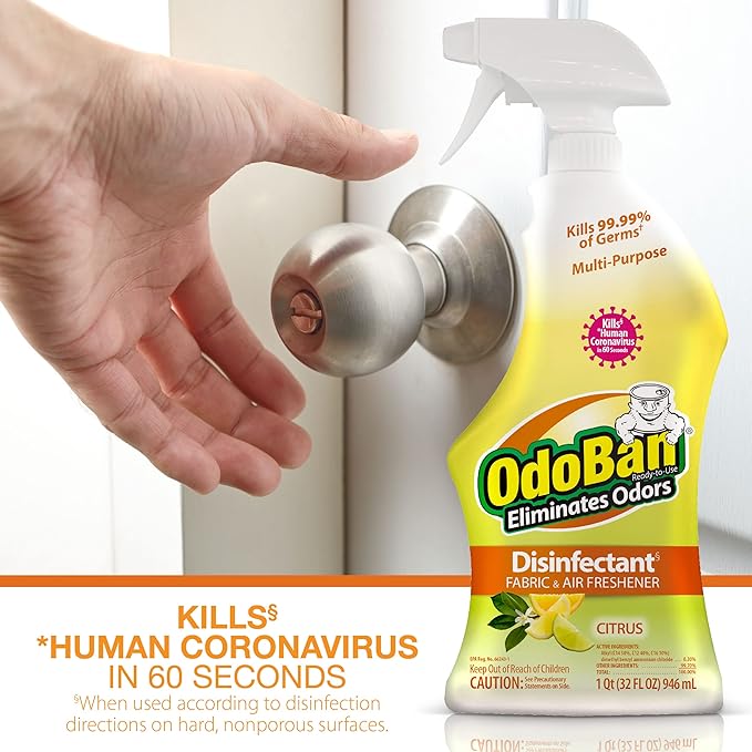 OdoBan Ready-to-Use Disinfectant and Odor Eliminator, Set of 4 Spray Bottles, 32 Ounces Each, Citrus Scent