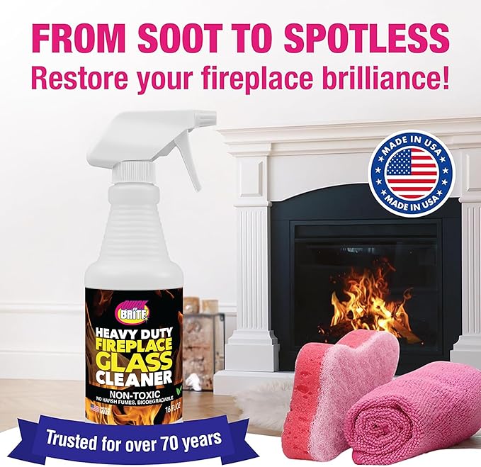 Quick 'n Brite Fireplace Glass Cleaner Kit – Heavy-Duty 16oz Cleaner with Scraper Tool, Melamine & Scrubber Sponges, Microfiber Towel – Glass, Wood Stove & Fireplace Door Cleaning - Made in the USA