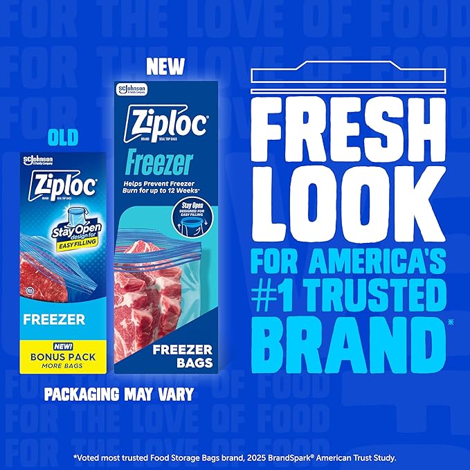 Ziploc Gallon Food Storage Freezer Bags, Stay Open Design, Easy to Fill, 66 Count (Packaging May Vary)