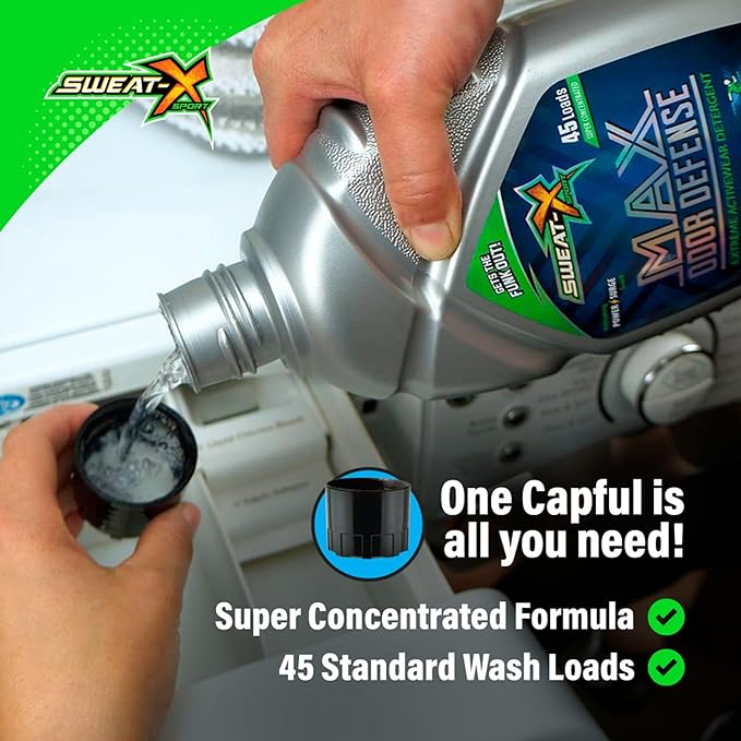 Sweat X Original Max Odor Defense Laundry Detergent – Remove the Worst Odors & Toughest Stains – High Performance Sports Wash for Training Gear & All Fabric Types – 45 Loads/Bottle – 4 Pack