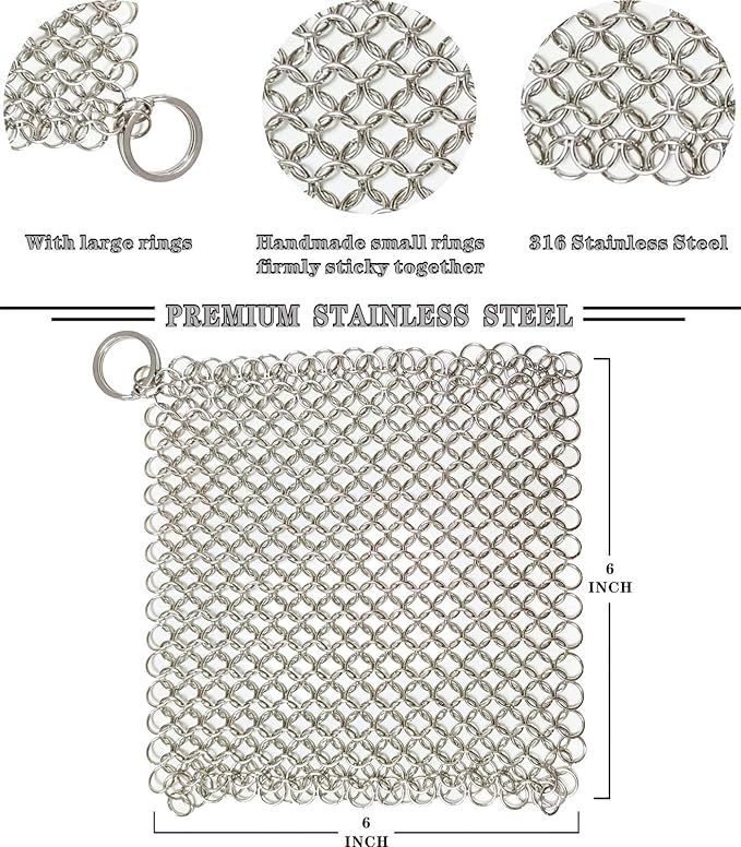 Cast Iron Scrubber - 6 Inch Stainless Steel Chain mail Scrubber for Cast Iron Pans Cleaner Chainmail Scrubber for Skillet, Wok, Pot, Dutch Ovens