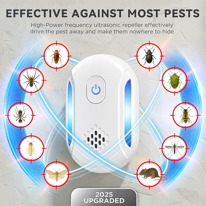 (2025 Upgraded) Ultrasonic Insect & Pest Indoor Repeller – Stronger Driving Force, Plug-in Control Electronic Repellent for Roach, Mouse, Rodent, Bugs, Spider, Mice, Ant, 2 Mode Switching (6 Pack)