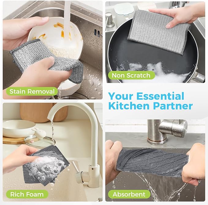 AIDEA Non Scratch Wire Dishcloth 24PK, Upgraded Wire Dishwashing Rag for Kitchen, Dual Sided, Washable Dish Cloths, Cleaning Pads Steel Scrubber for Cookware, Sinks, Dishes, Stove Tops, 7"×8" Grey