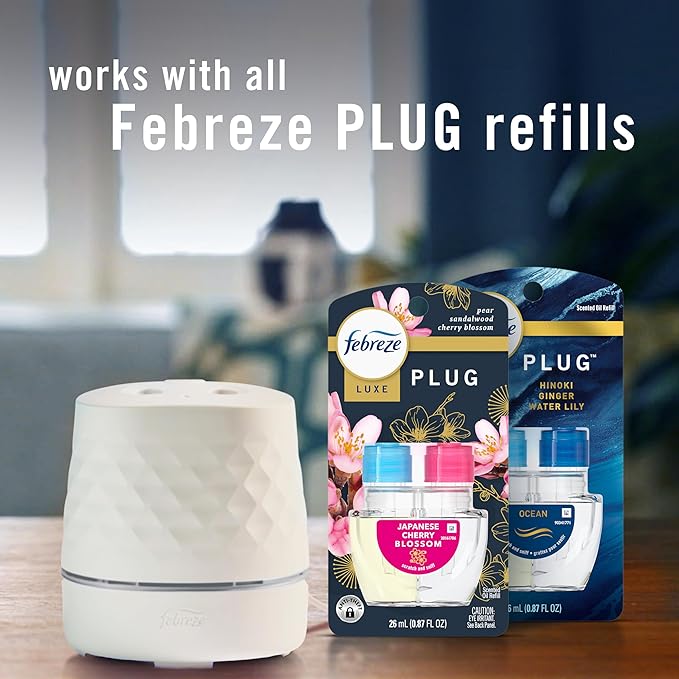 Febreze Plug Scent Booster Starter Kit, Oil Diffuser, Air Freshener Plug in, Giftable for Holidays, Continuous Scent Device + 2 Gain Original Refills