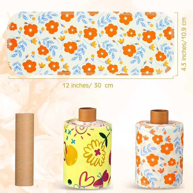 VitalCozy 50 Pcs Reusable Toilet Washable Bidet Towels Rerollable Cloth Wipes Paperless Towels Roll Absorbent Cotton for Kitchen Paperless Dishcloths(Bright Flower)