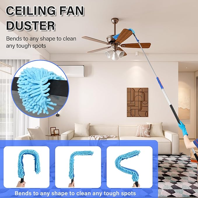 30 FT High Reach Cleaning Kit with 7-30 Foot Telescoping Extension Pole, Flexible Ceiling Fan Duster, Microfiber Feather Duster, Cobweb Duster & Window Squeegee & Washer