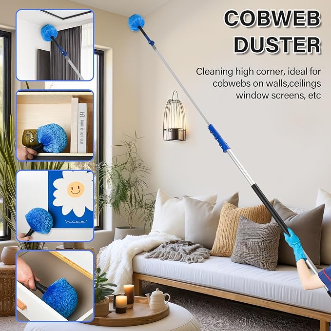 30 FT High Reach Cleaning Kit with 7-30 Foot Telescoping Extension Pole, Flexible Ceiling Fan Duster, Microfiber Feather Duster, Cobweb Duster & Window Squeegee & Washer