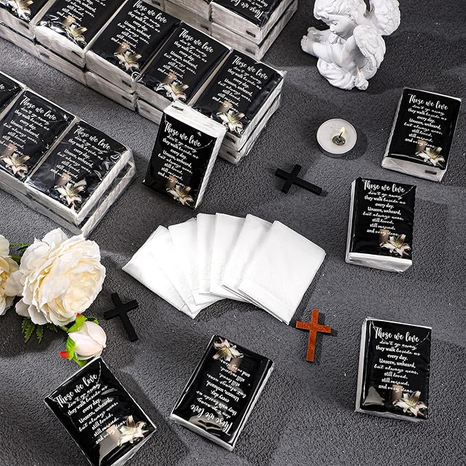 100 Packs Memorial Facial Tissues Those We Love Don't Go Away Inspirational Poem Pocket Tissues 3 Ply Napkins Packs Funerals Wedding Supplies for Family Relatives Guests, 700 Sheets(Black)