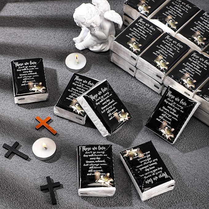 100 Packs Memorial Facial Tissues Those We Love Don't Go Away Inspirational Poem Pocket Tissues 3 Ply Napkins Packs Funerals Wedding Supplies for Family Relatives Guests, 700 Sheets(Black)