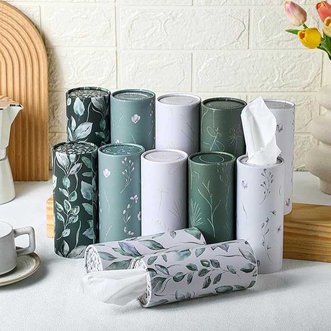 Layhit 12 Pcs Car Tissues Round Facial Tissues Boxes Vintage Floral Printed Travel Cylinder Cube Holder Bulk for Car Cup Holder(Fresh)