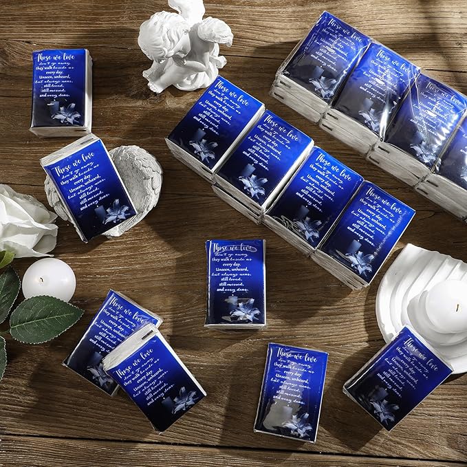 100 Packs Memorial Facial Tissues Those We Love Don't Go Away Inspirational Poem Pocket Tissues 3 Ply Napkins Packs Funerals Wedding Supplies for Family Relatives Guests, 700 Sheets(Blue)
