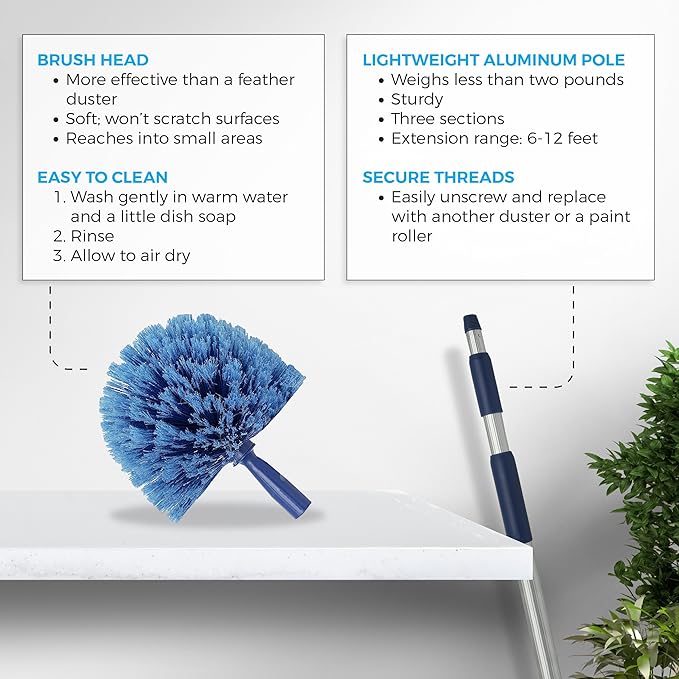 Cobweb Duster Extendable 18 Foot High Reach Ceiling Fan Duster | 3-Stage Aluminum Telescoping Pole | Medium Stiff Bristles | Long Handle Webster Microfiber Duster for Cleaning | U.S Duster Co.