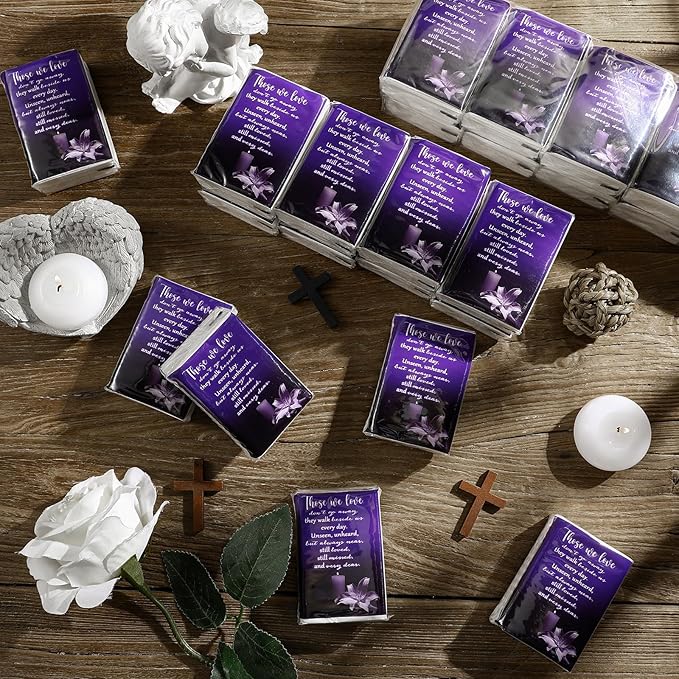 100 Packs Memorial Facial Tissues Those We Love Don't Go Away Inspirational Poem Pocket Tissues 3 Ply Napkins Packs Funerals Wedding Supplies for Family Relatives Guests, 700 Sheets(Purple)